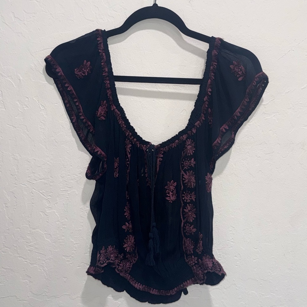 Free People Navy Blouse with Embroidery